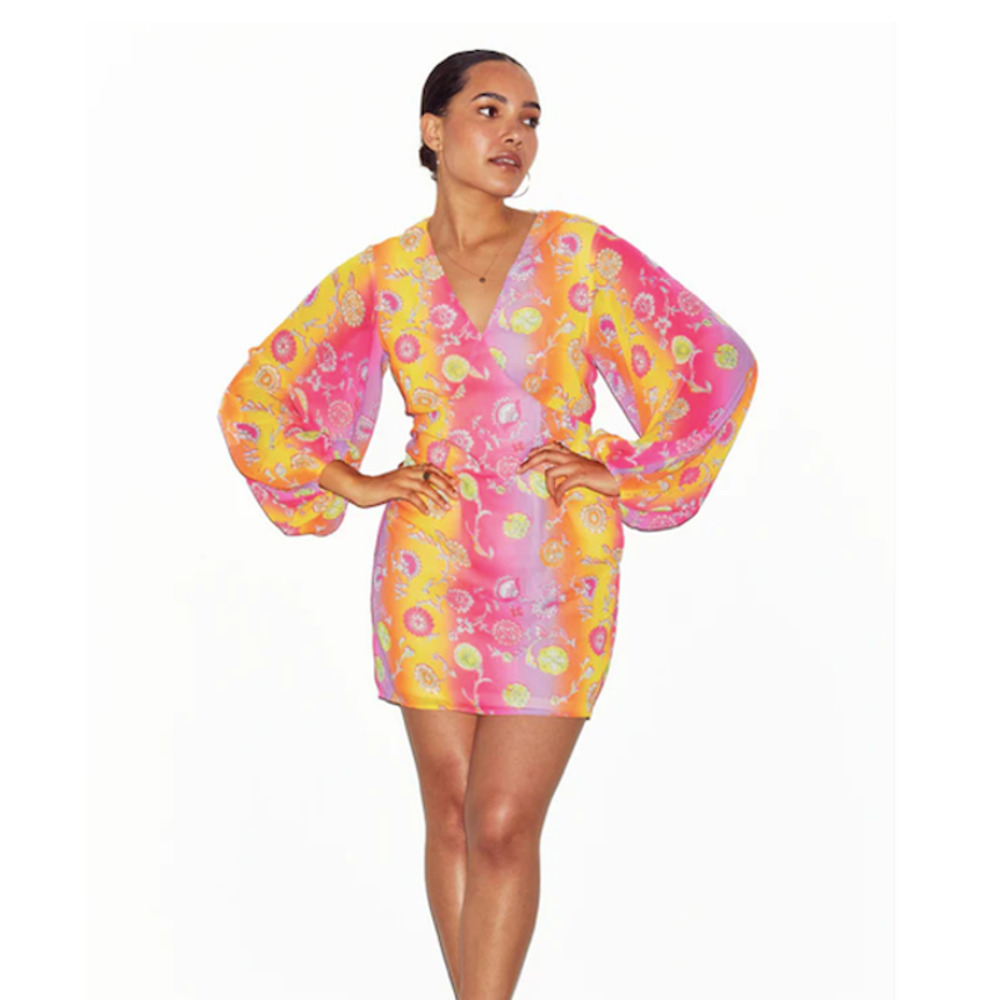 Never Fully Dressed Pink and Yellow Floral Long Sleeve Mini Dress